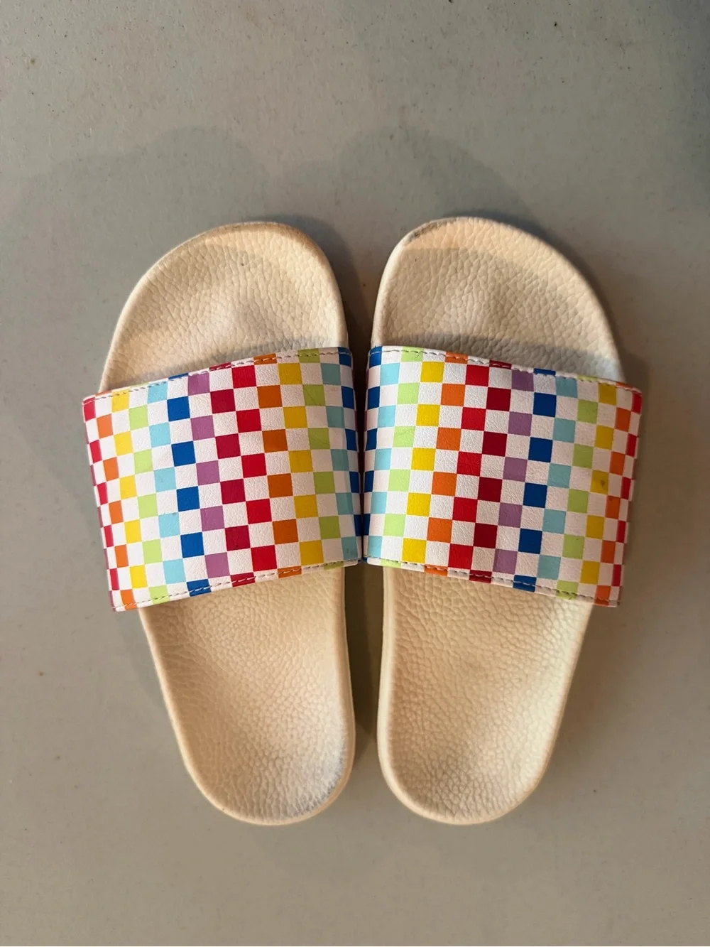 Vans Kids White Slides with Rainbow Check Strap